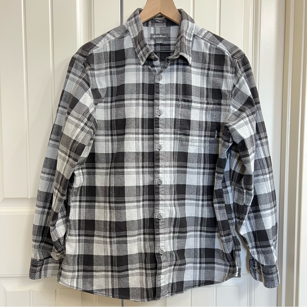 Eddie Bauer Mens Heavyweight Flannel Shirt in Gray Plaid, Size L